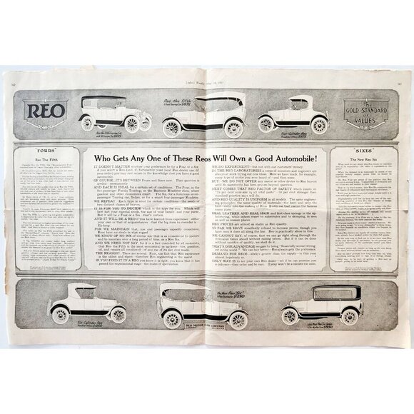 1917 Reo Motor Cars 4 & 6 Centerfold Advertisement WW1 Era Automobilia DWII30 - Picture 2 of 2